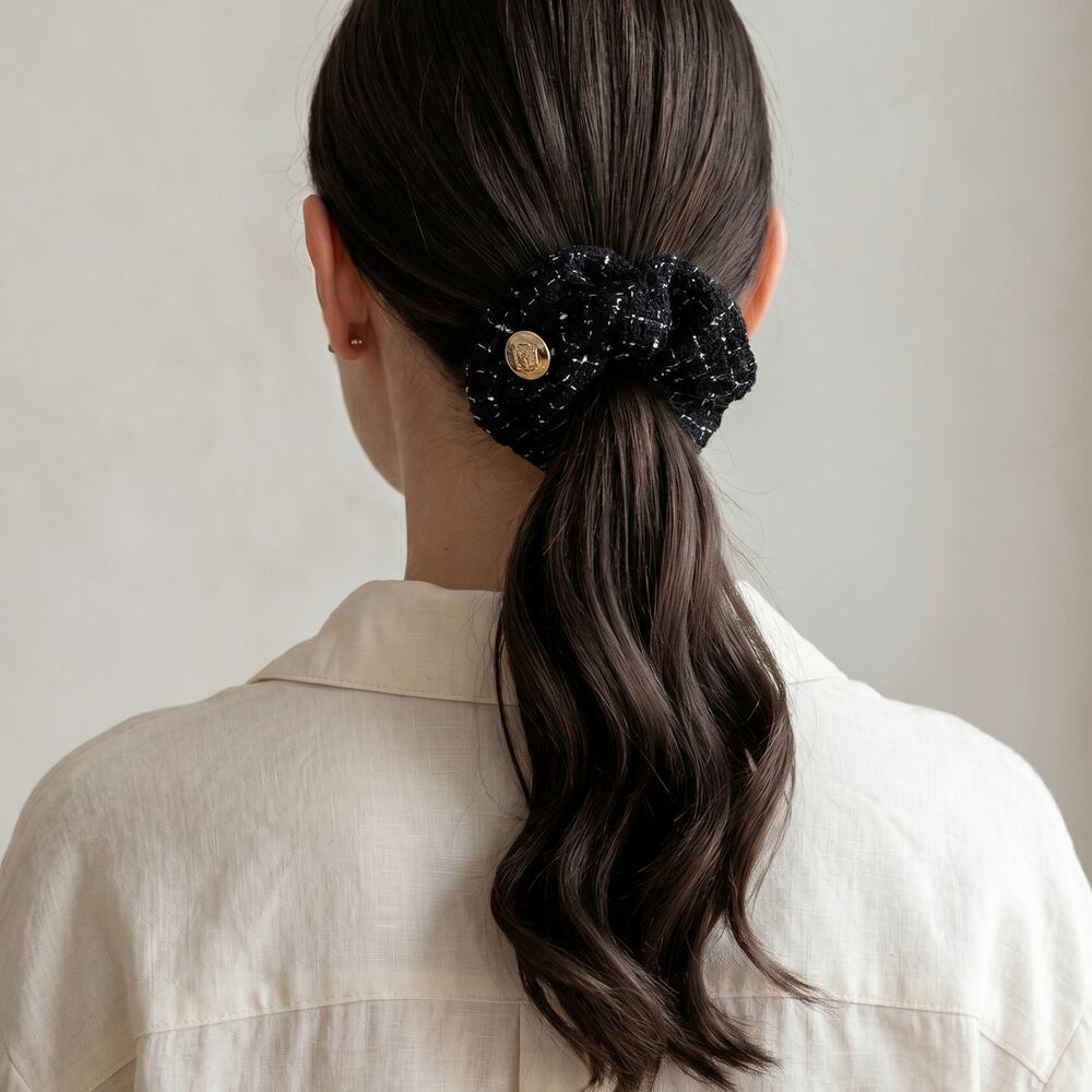 NWOT Anine Bing Camellia Scrunchie Black Tweed Monogram Wool Blend 80s